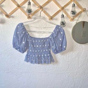 Blue and white Forever 21 floral embroidered off the shoulder top